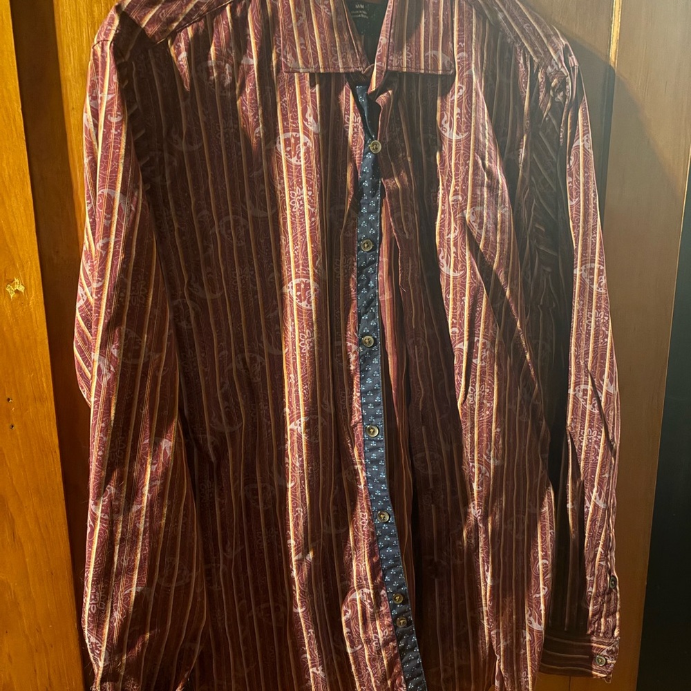 Saks Fifth Avenue Burgundy and Gold Striped Shirt